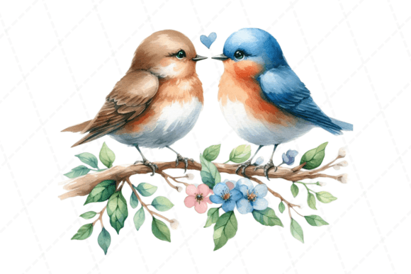 Download Birds Sitting Flower Branch Watercolor - Branch Collection